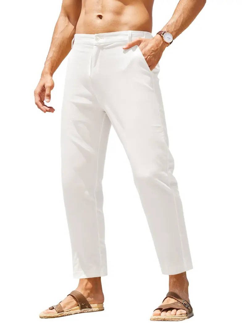 Men's Cotton-Linen Cropped Chinos - White