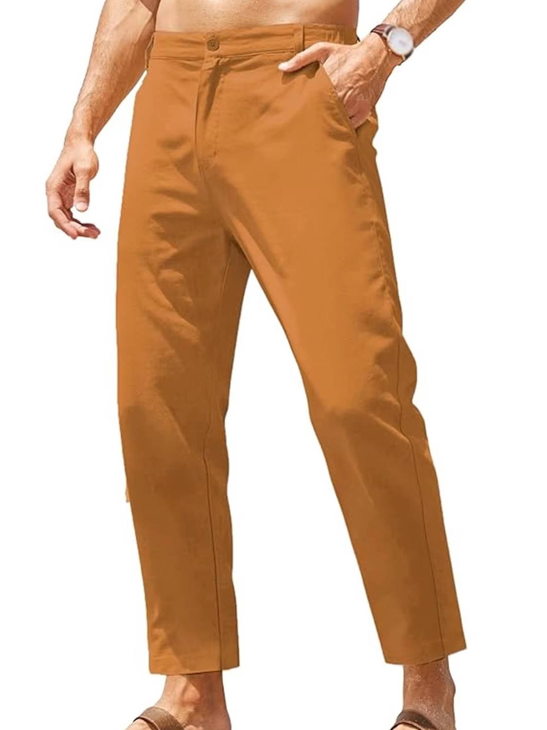 Men's Cotton-Linen Cropped Chinos - Khaki