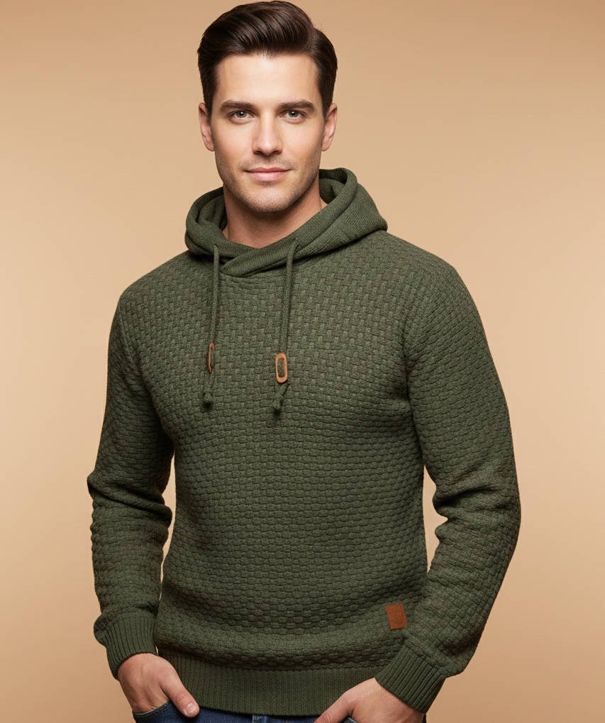 Men's Knit Hooded Jumper - Army Green