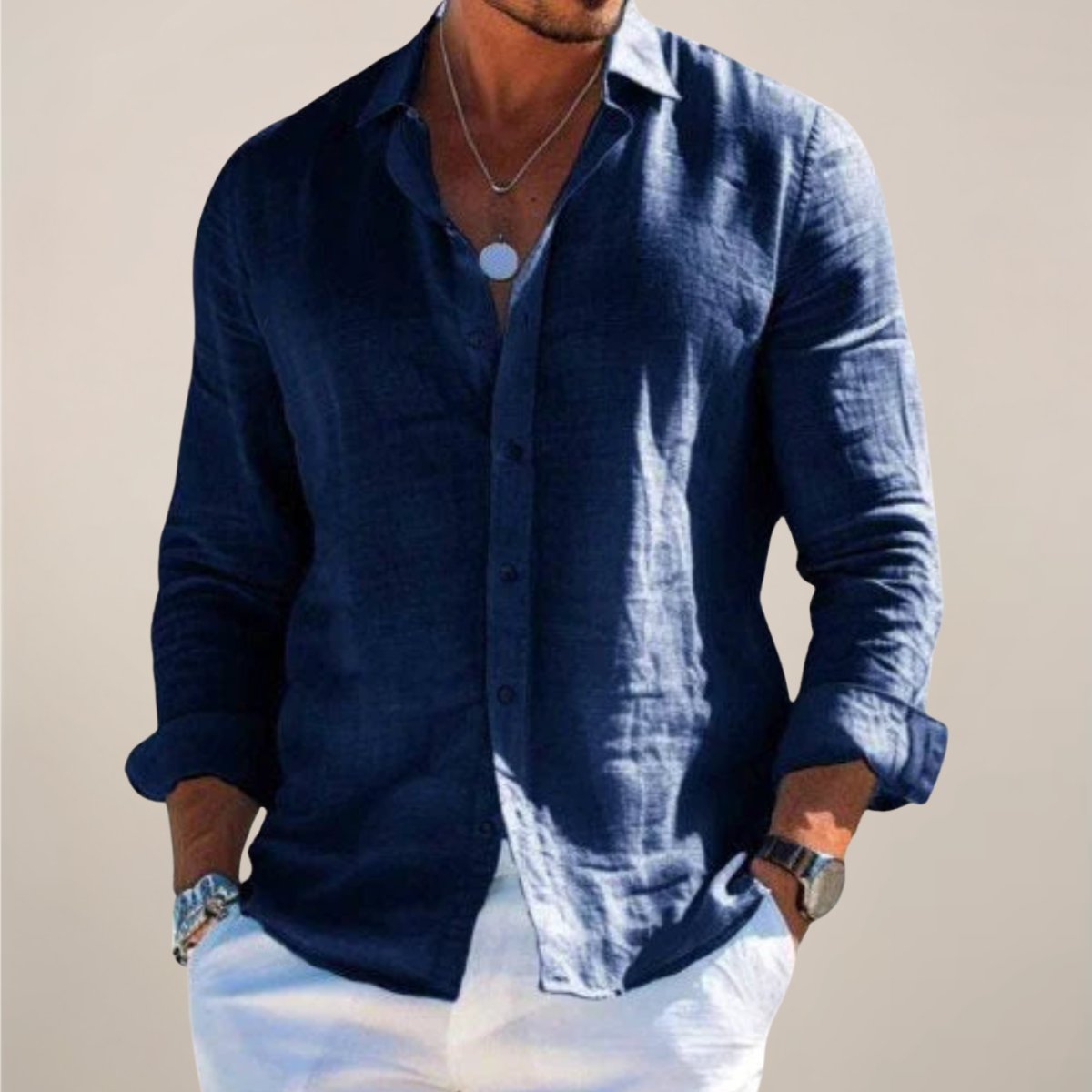 Men's Long Sleeve Vacation Shirt - Navy Blue