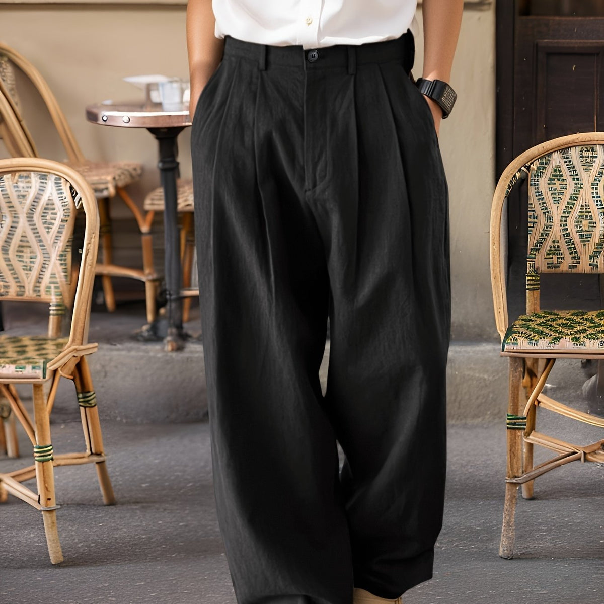 Men's Pleated Wide-Leg Trousers - Black