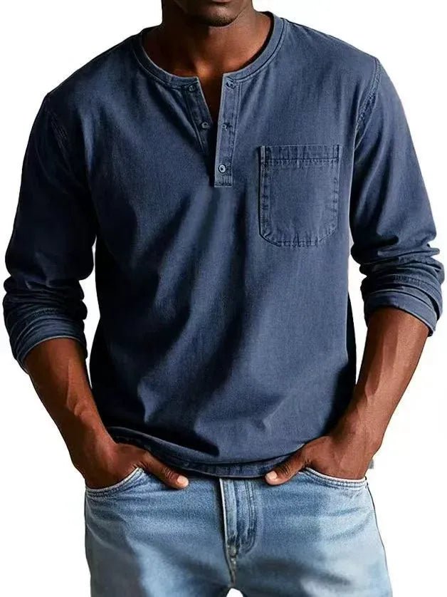 Men's Long Sleeve Henley Shirt - Navy Blue