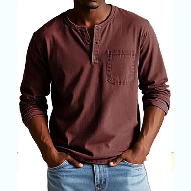 Men's Long Sleeve Henley Shirt - Red