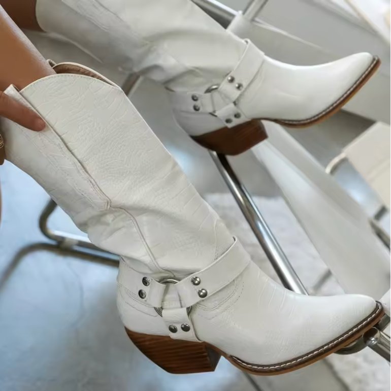 Women's Cow Print Cowboy Ankle Boots - White