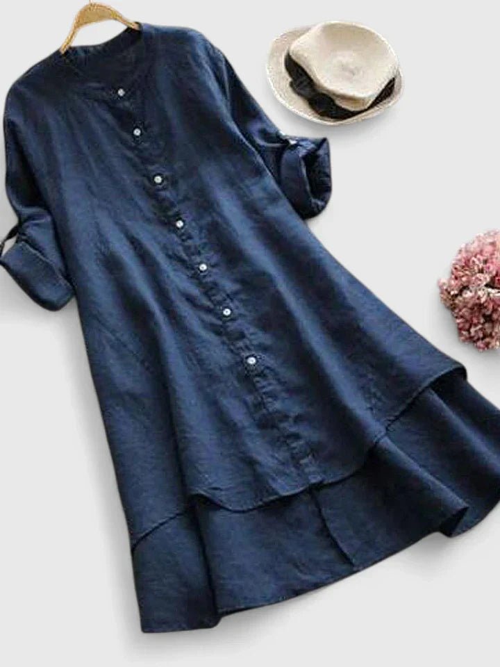 Women's Long Sleeve High-Low Shirt Dress - Navy Blue