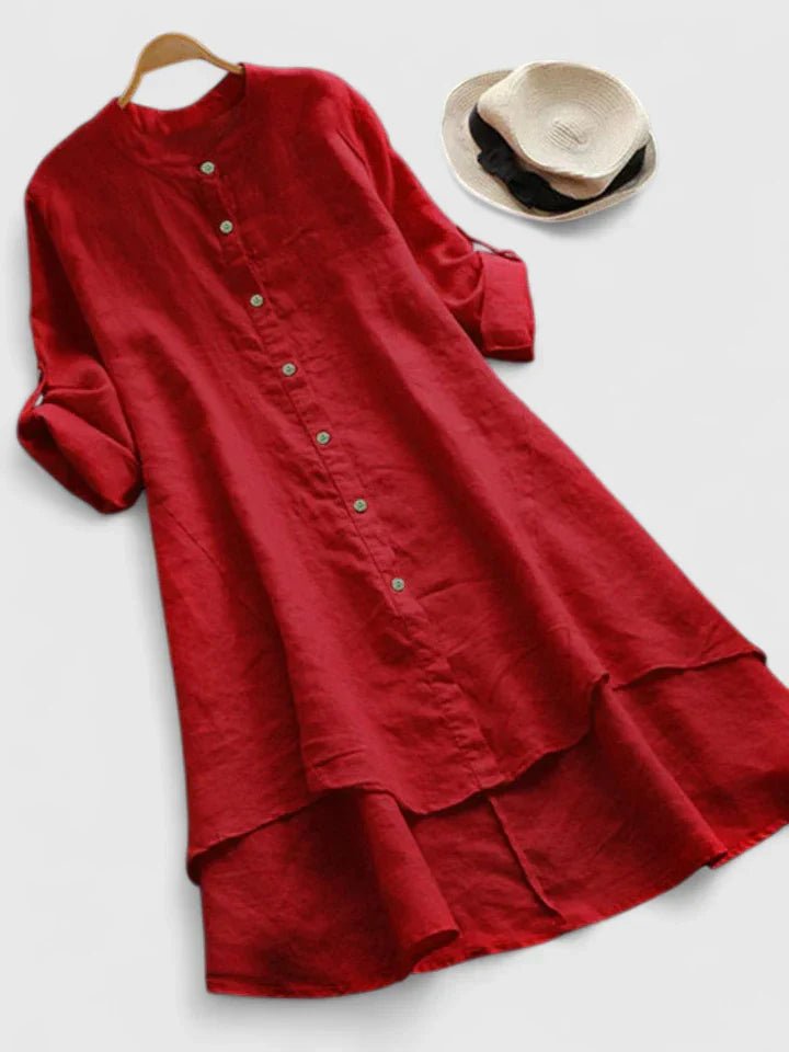 Women's Long Sleeve High-Low Shirt Dress - Red