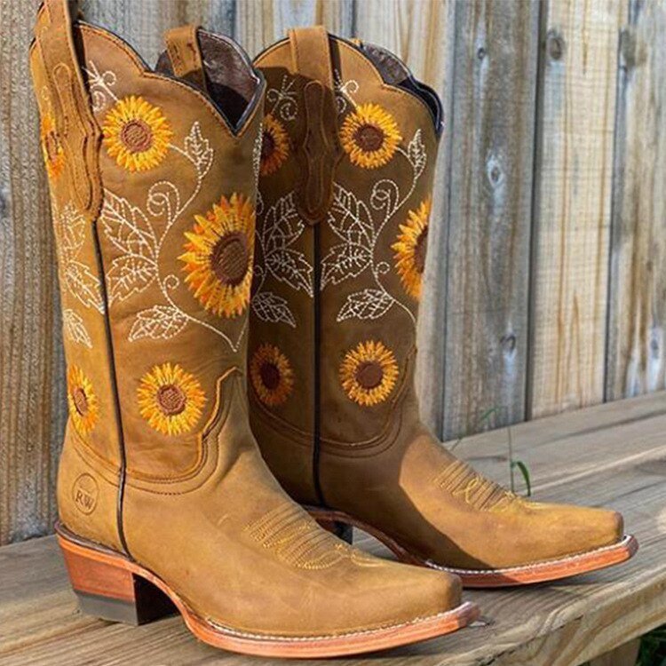 Women's Floral Leather Cowboy Ankle Boots - Khaki
