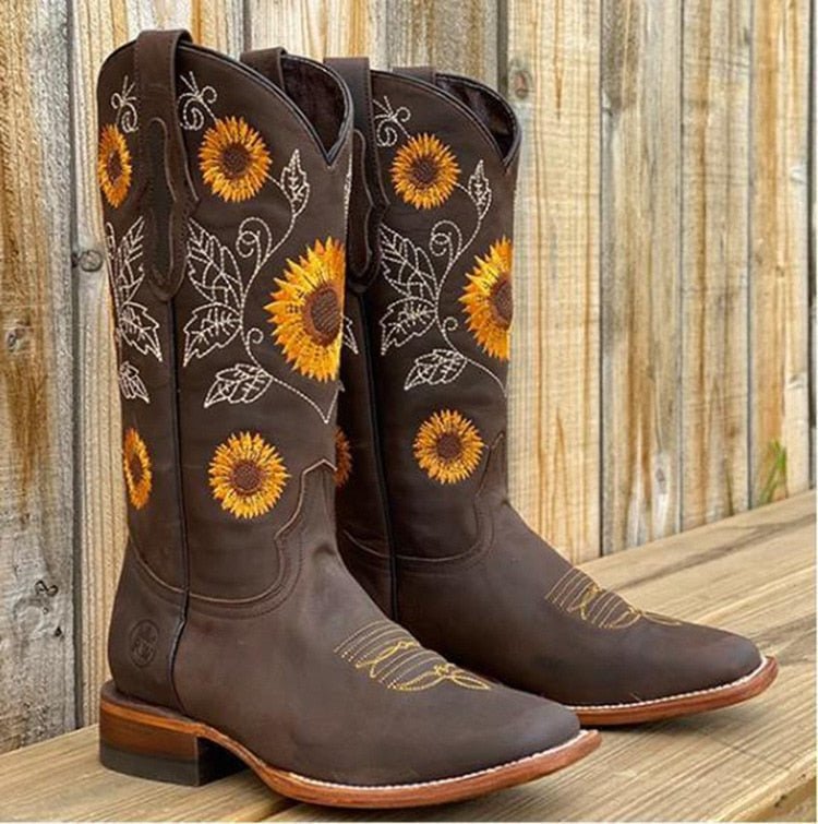 Women's Floral Leather Cowboy Ankle Boots - Dark Brown