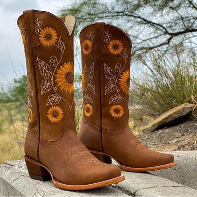 Women's Floral Leather Cowboy Ankle Boots