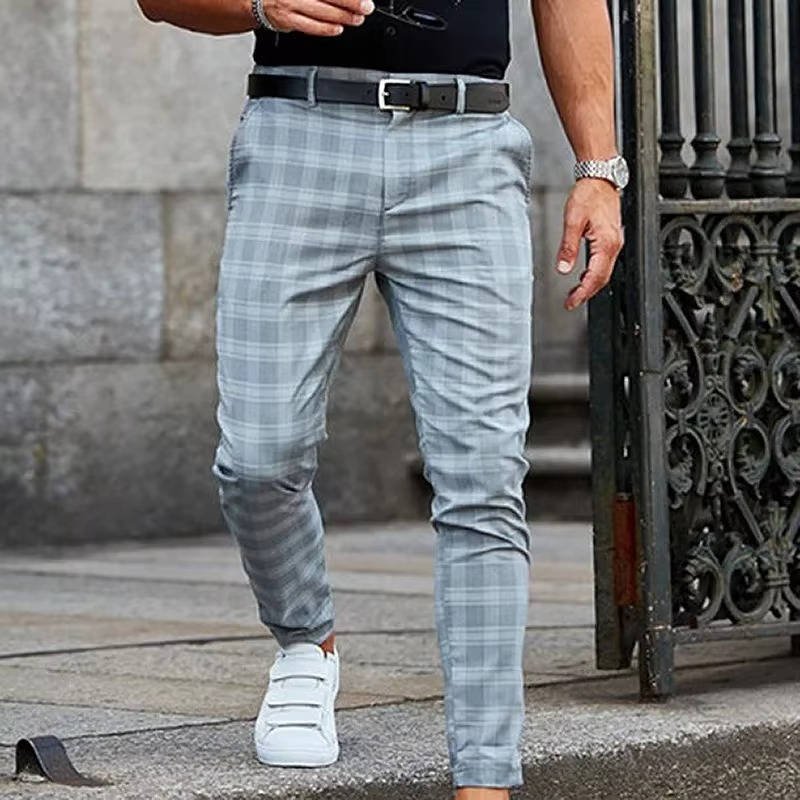 Men's Plaid Slim Cropped Trousers - Blue