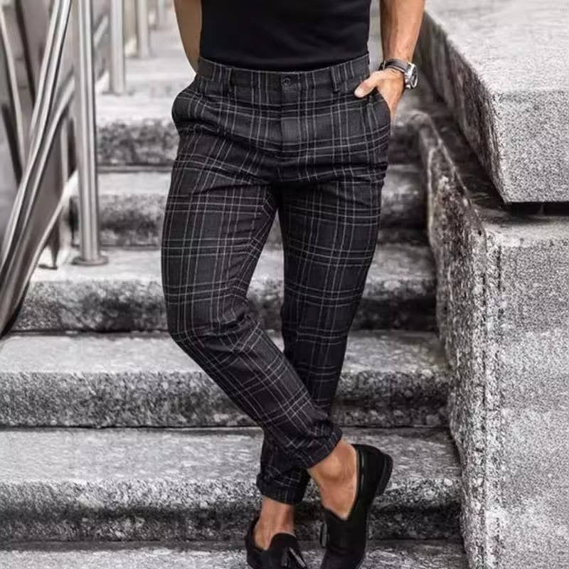 Men's Plaid Slim Cropped Trousers - Black