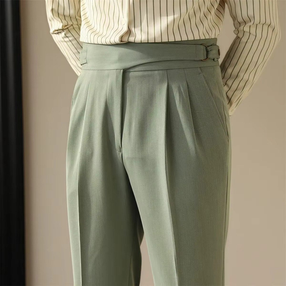 Men's High-Waisted Pleated Wool Trousers