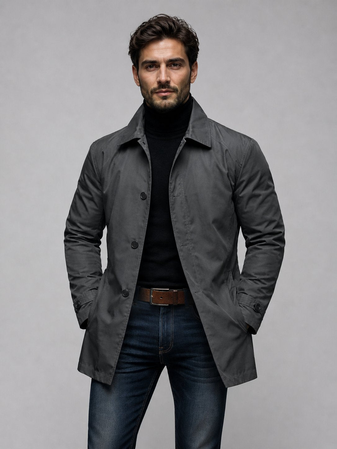 Men's Single-Breasted Mac Winter Coat - Grey