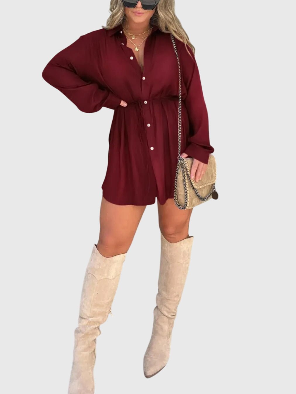Women's Oversized Satin Shirt Dress - Wine Red