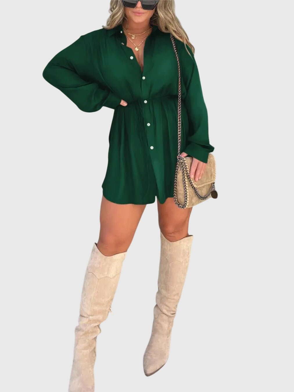 Women's Oversized Satin Shirt Dress - Green