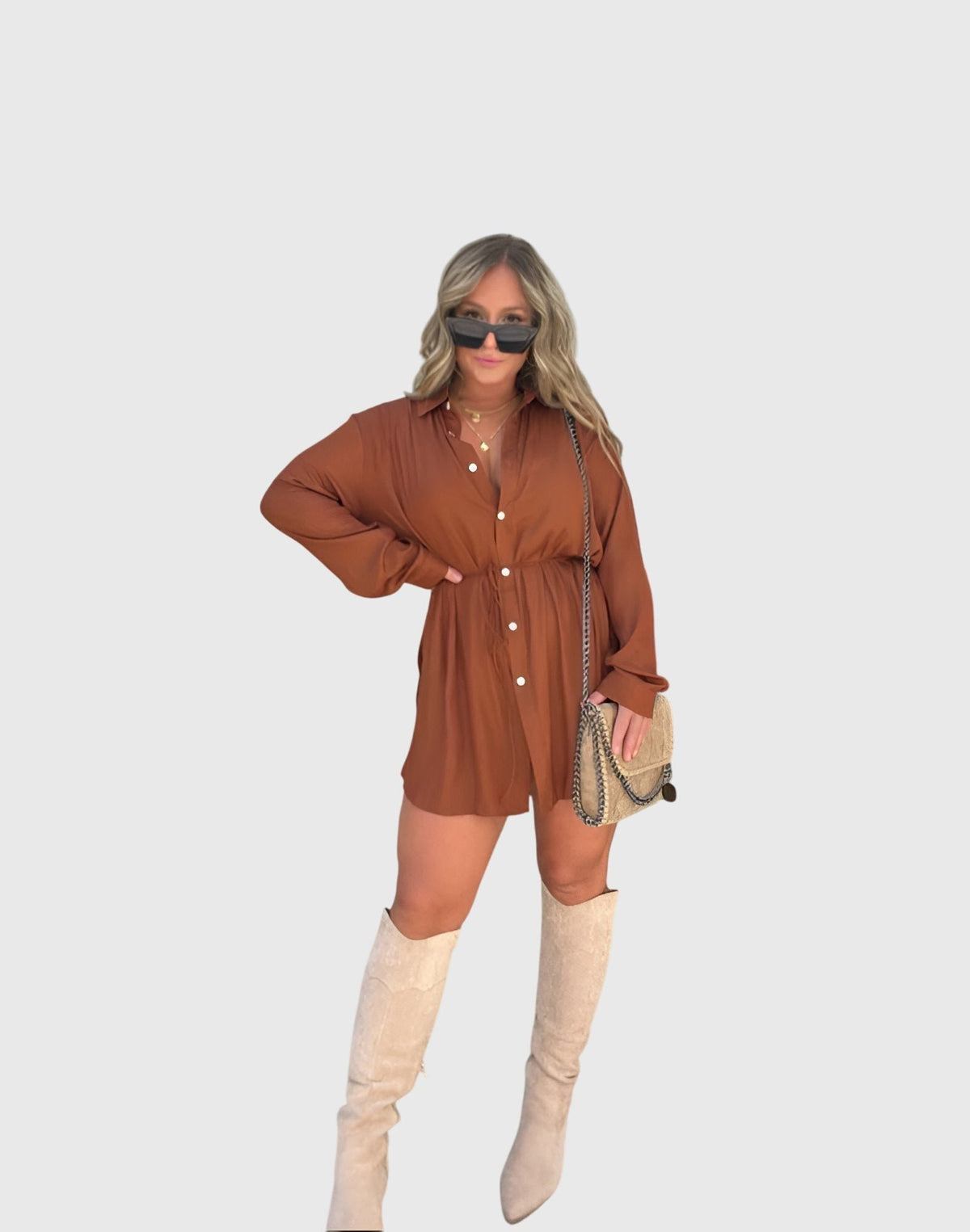 Women's Oversized Satin Shirt Dress - Copper