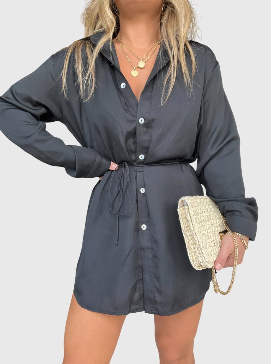Women's Oversized Satin Shirt Dress - Gray