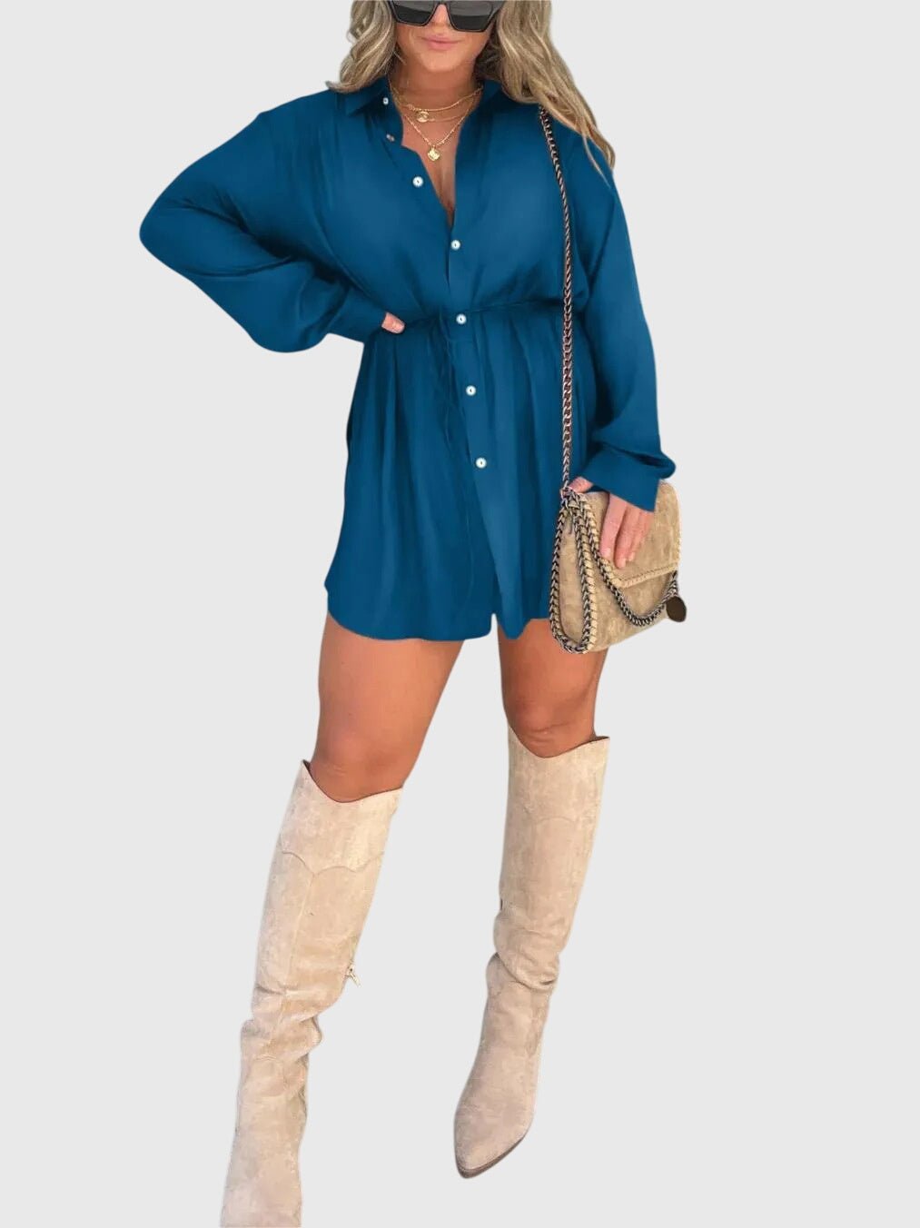 Women's Oversized Satin Shirt Dress - Blue