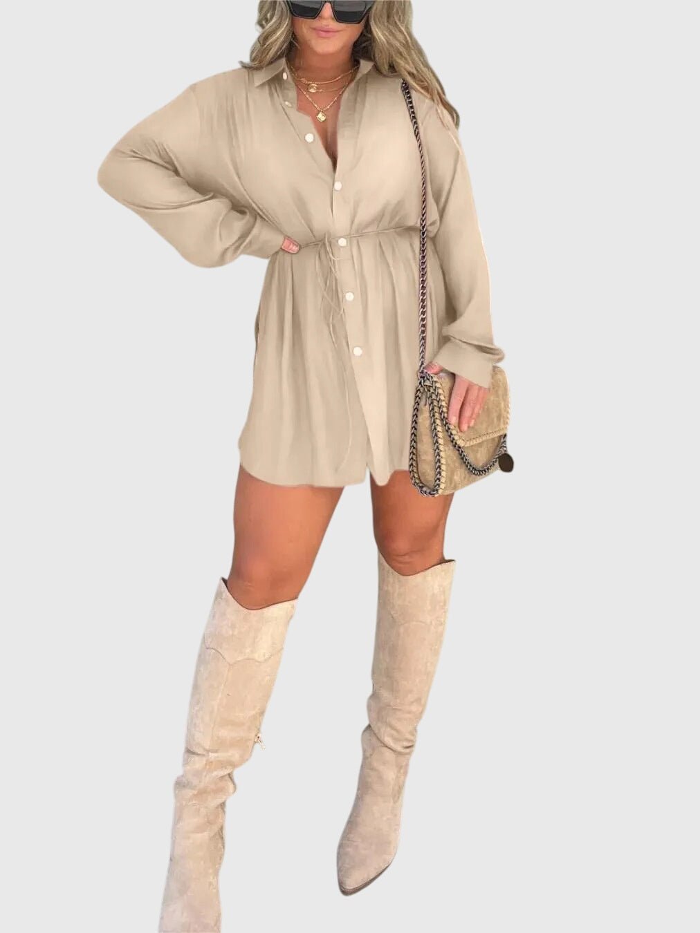 Women's Oversized Satin Shirt Dress - Apricot