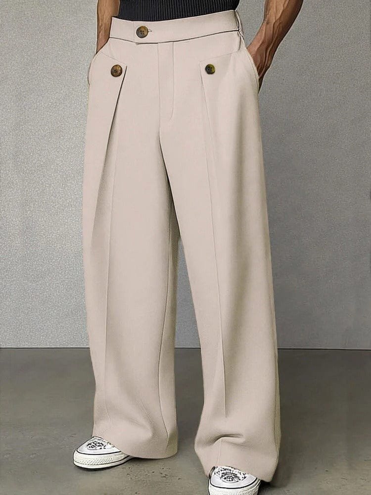 Men's High-Waisted Wide-Leg Trousers - Beige