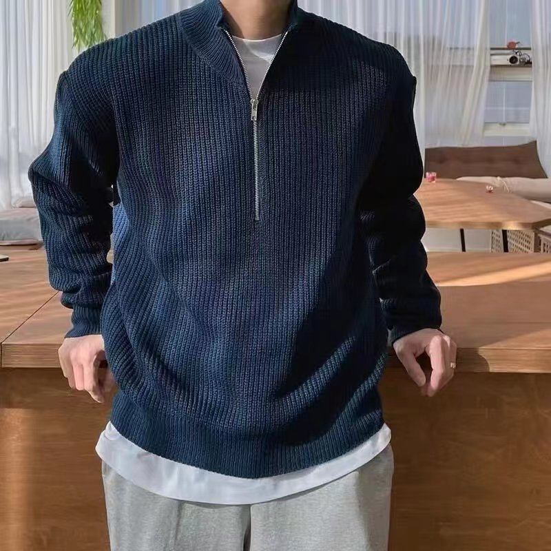 Men's Ribbed Quarter-Zip Jumper - Navy Blue