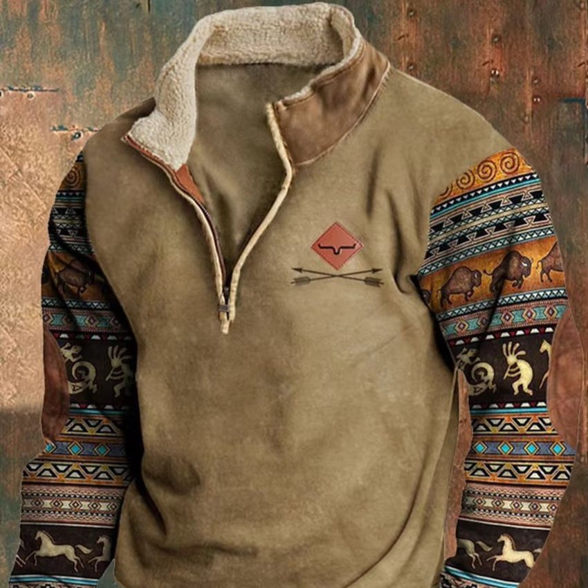 Men's Quarter-Zip Sherpa Sweatshirt - Khaki 002