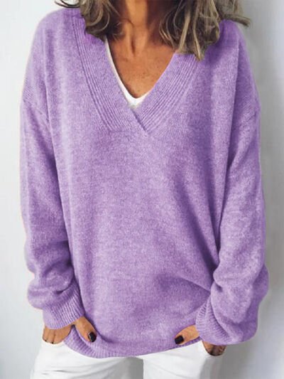 Women's Oversized V-Neck Jumper - Purple
