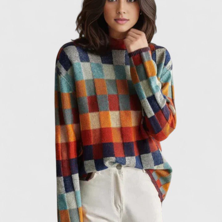 Women's Plaid Wool Roll Neck Jumper - MultiColored