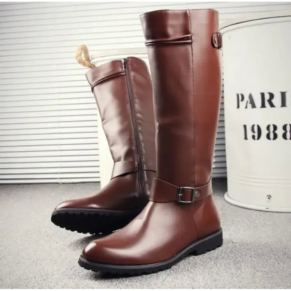 Men's Knee-High Faux Leather Riding Boots - Brown