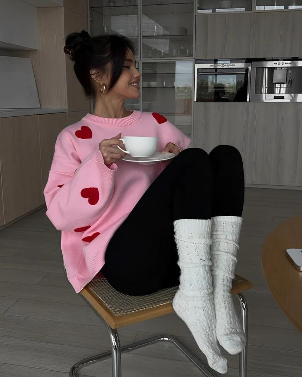 Women's Heart-Print Oversized Jumper - Pink