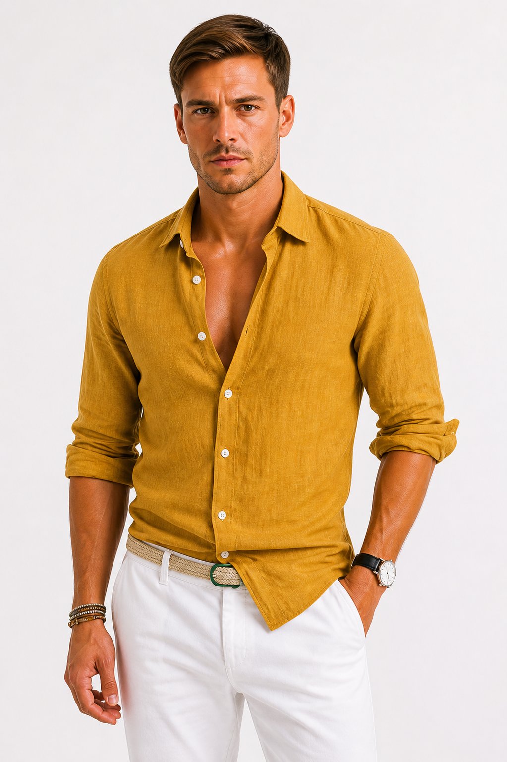 Men's Long Sleeve Slim Shirt - Mustard