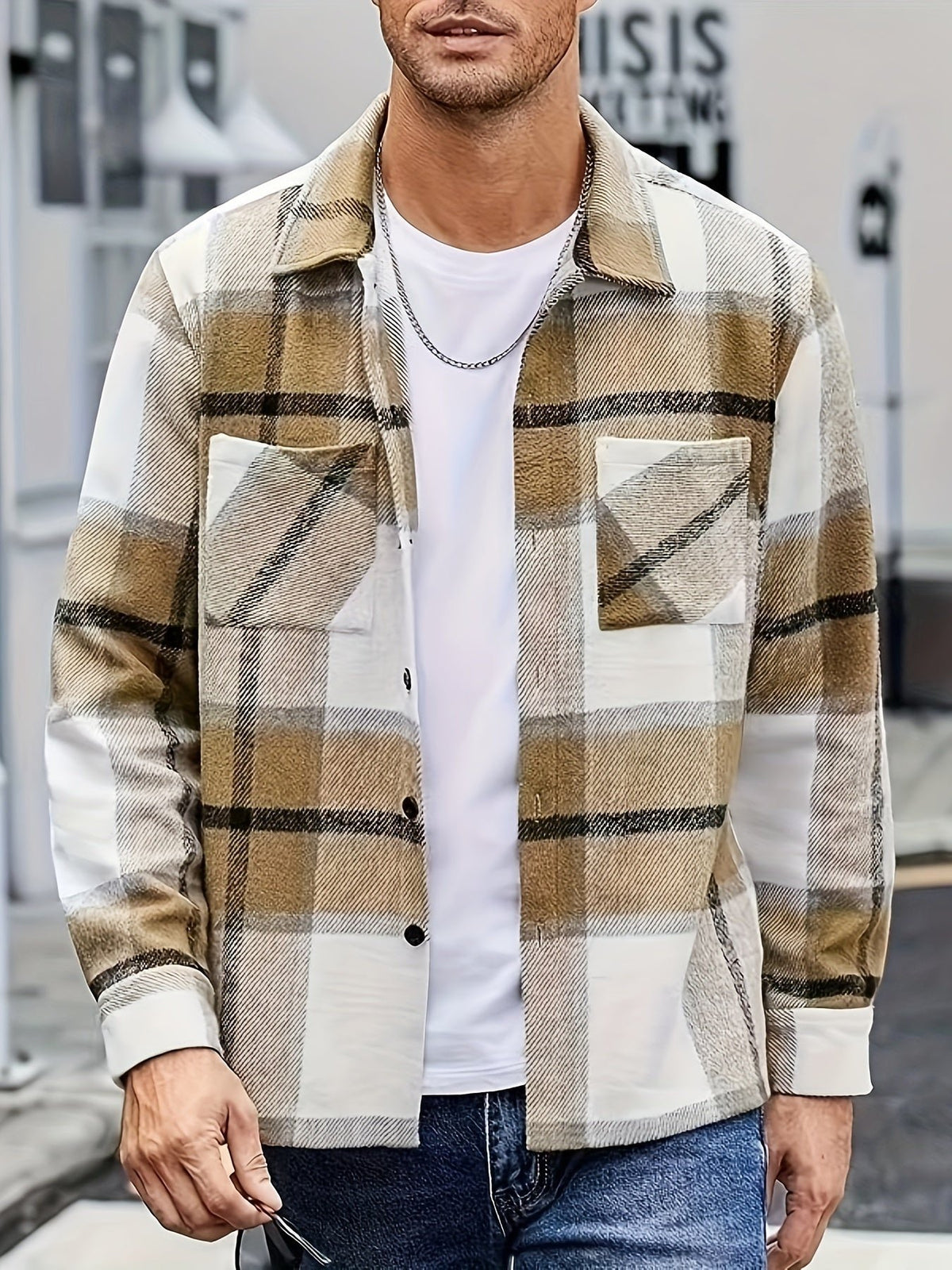 Men's Plaid Flannel Shirt Jacket - Khaki