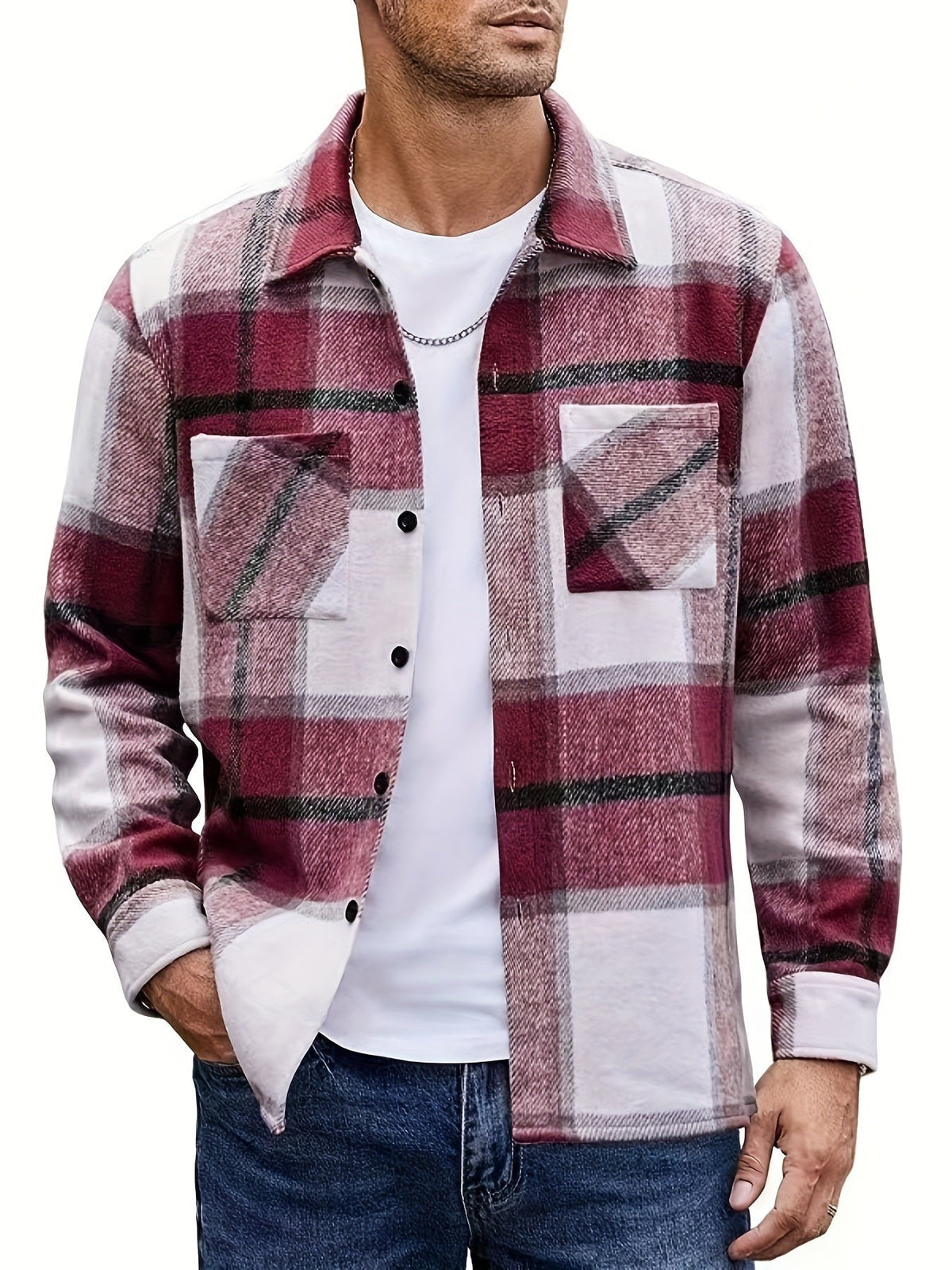 Men's Plaid Flannel Shirt Jacket - Red