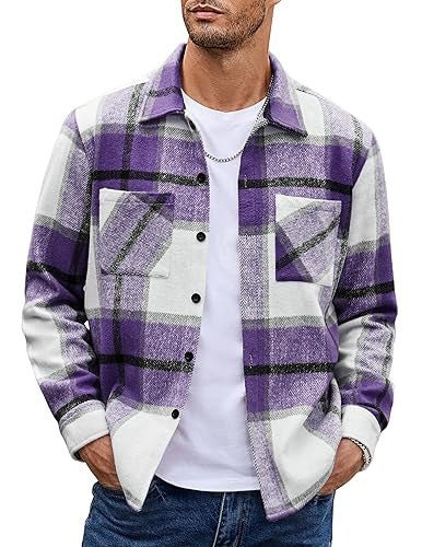 Men's Plaid Flannel Shirt Jacket - Purple
