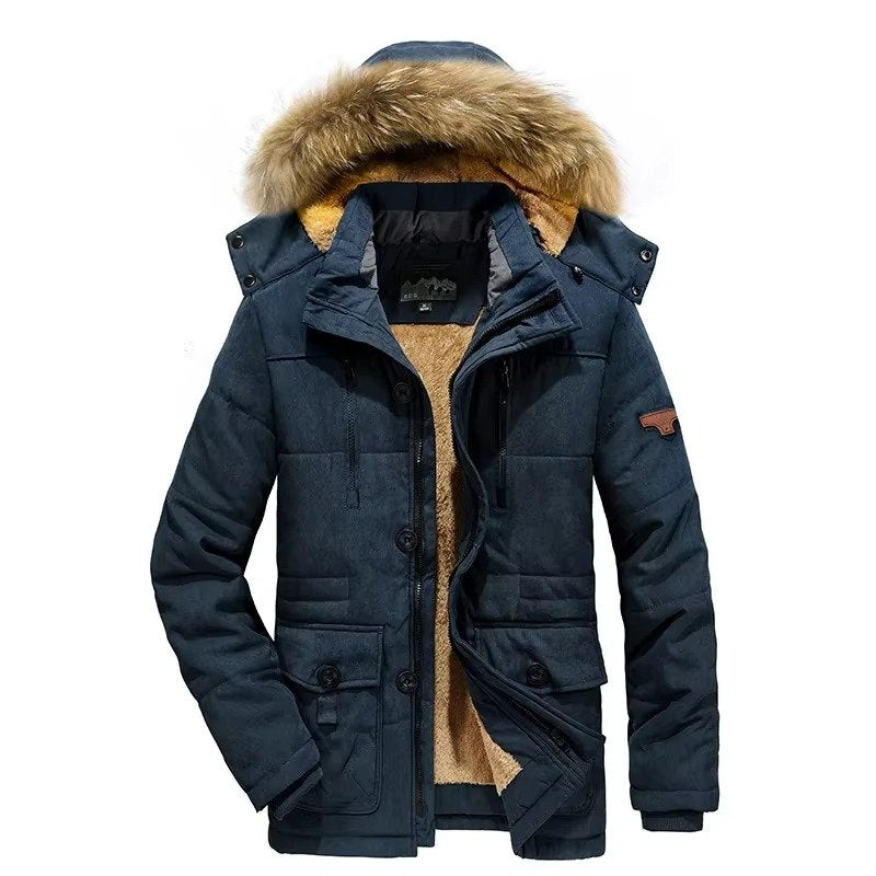 Men's Hooded Parka Jacket - Fur collar blue