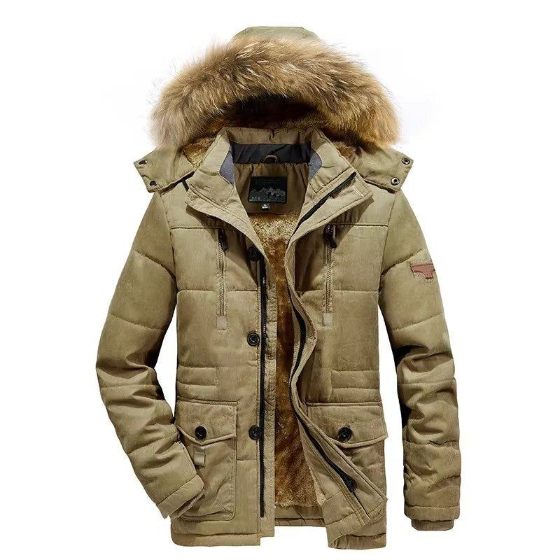 Men's Hooded Parka Jacket - Fur collar khaki