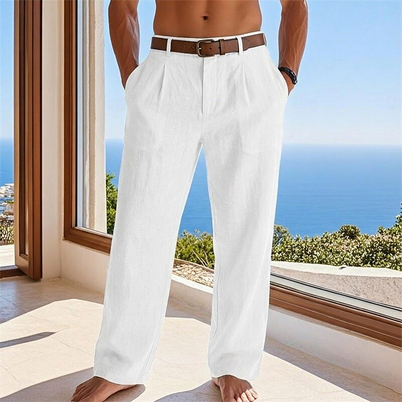 Men's Pleated Linen Trousers - White