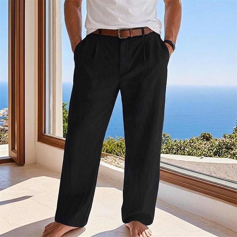 Men's Pleated Linen Trousers - Black