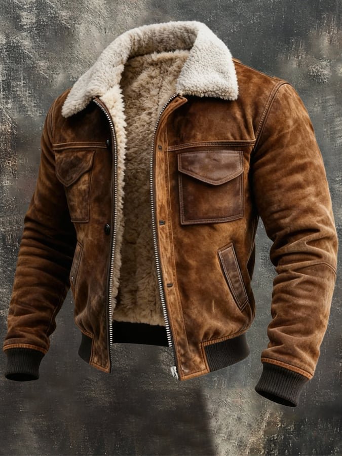 Men's Suede Bomber Jacket - Brown