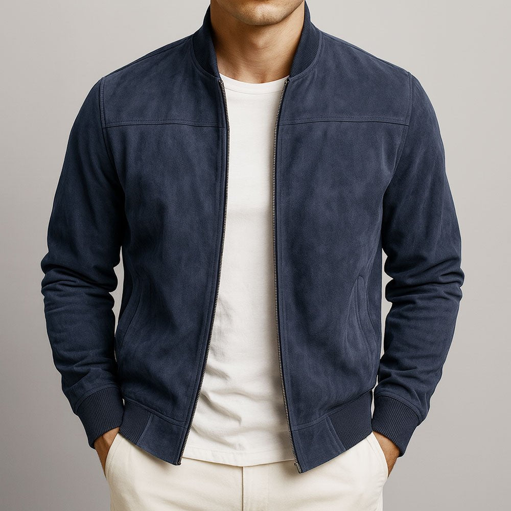 Men's Suede Slim Fit Bomber Jacket - Navy Blue