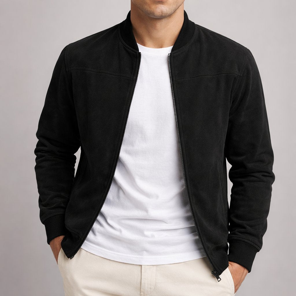Men's Suede Slim Fit Bomber Jacket - Black