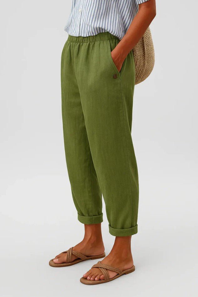 Women's Linen Cropped Trousers - Olive Green
