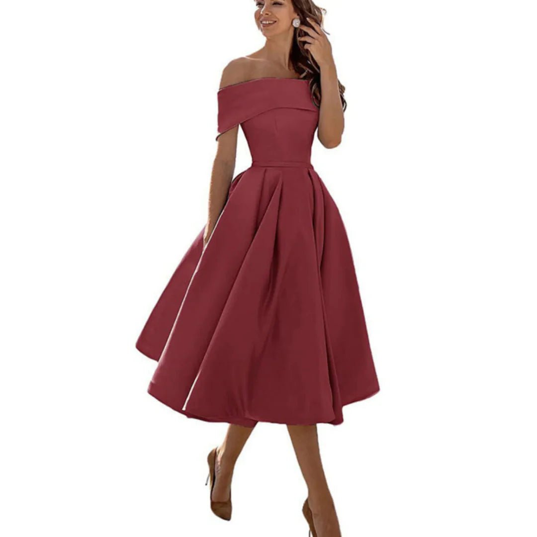 Women's Off-Shoulder Satin Midi Dress - Brown