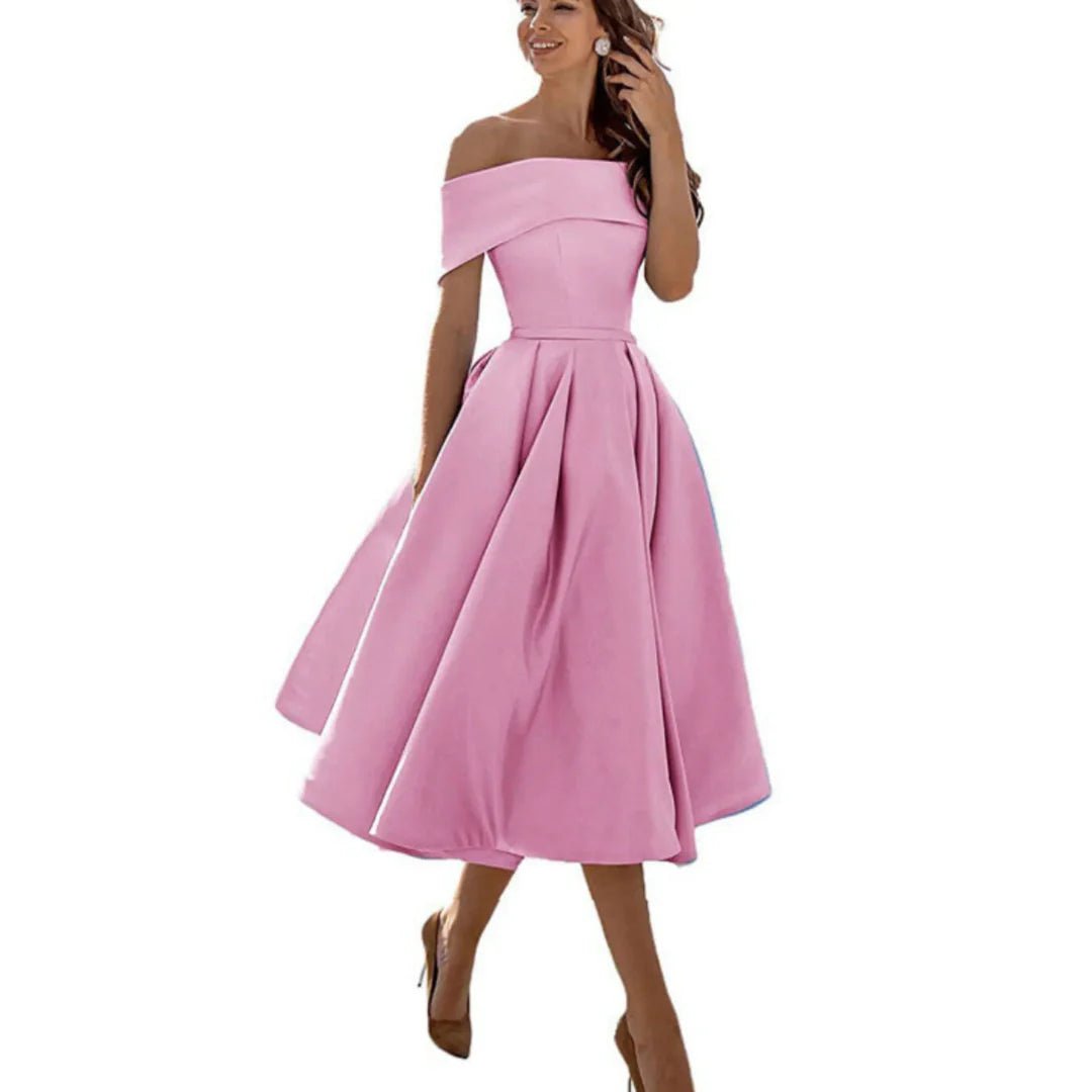 Women's Off-Shoulder Satin Midi Dress - Pink