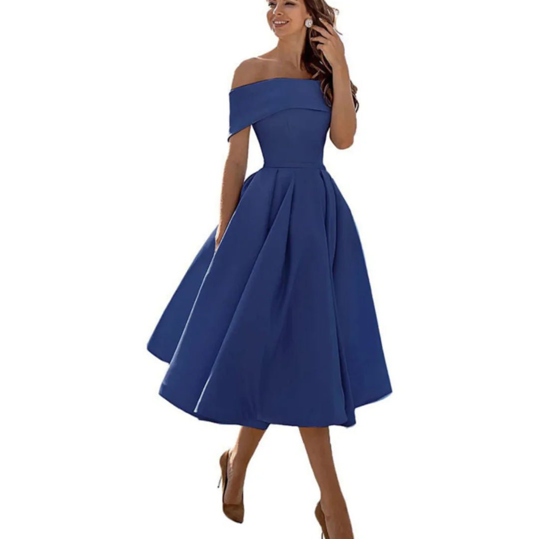 Women's Off-Shoulder Satin Midi Dress - Dark Blue