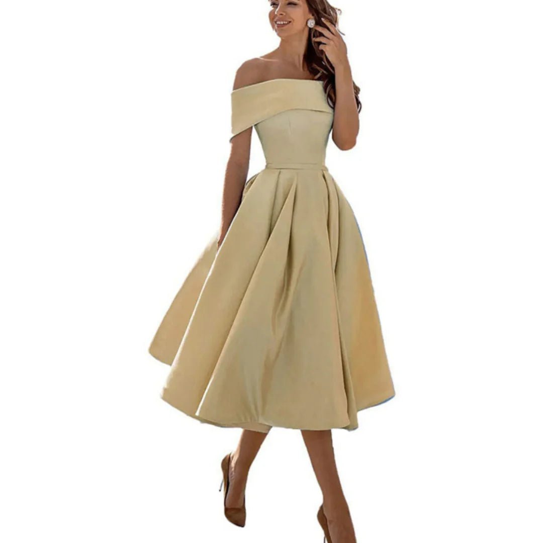 Women's Off-Shoulder Satin Midi Dress - Beige