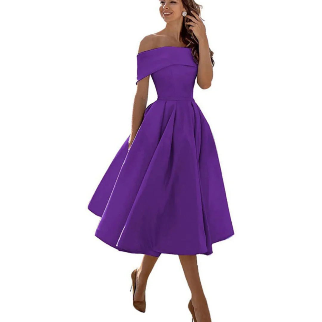 Women's Off-Shoulder Satin Midi Dress - Purple