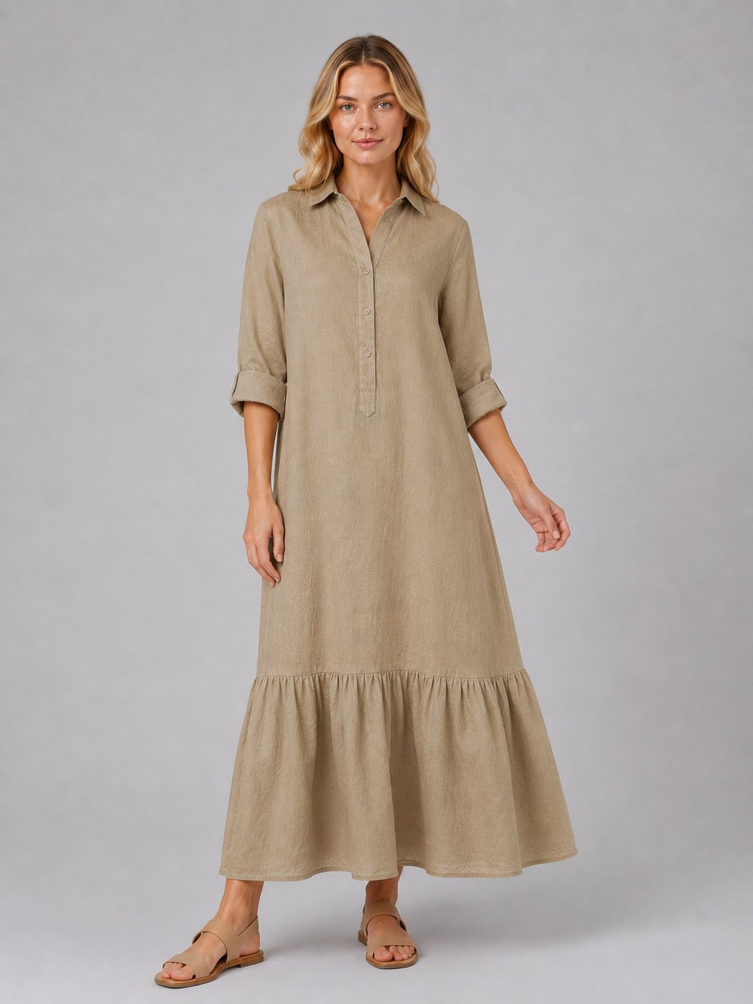 Women's Long Sleeve Maxi Shirt Dress - Khaki
