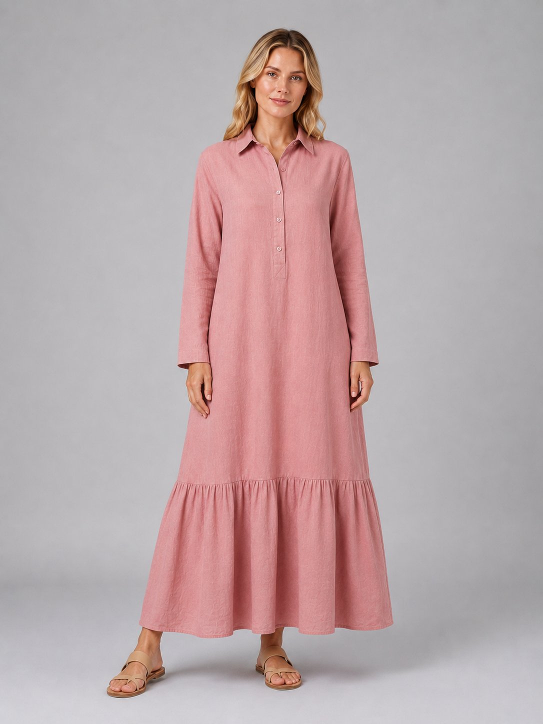 Women's Long Sleeve Maxi Shirt Dress - Pink