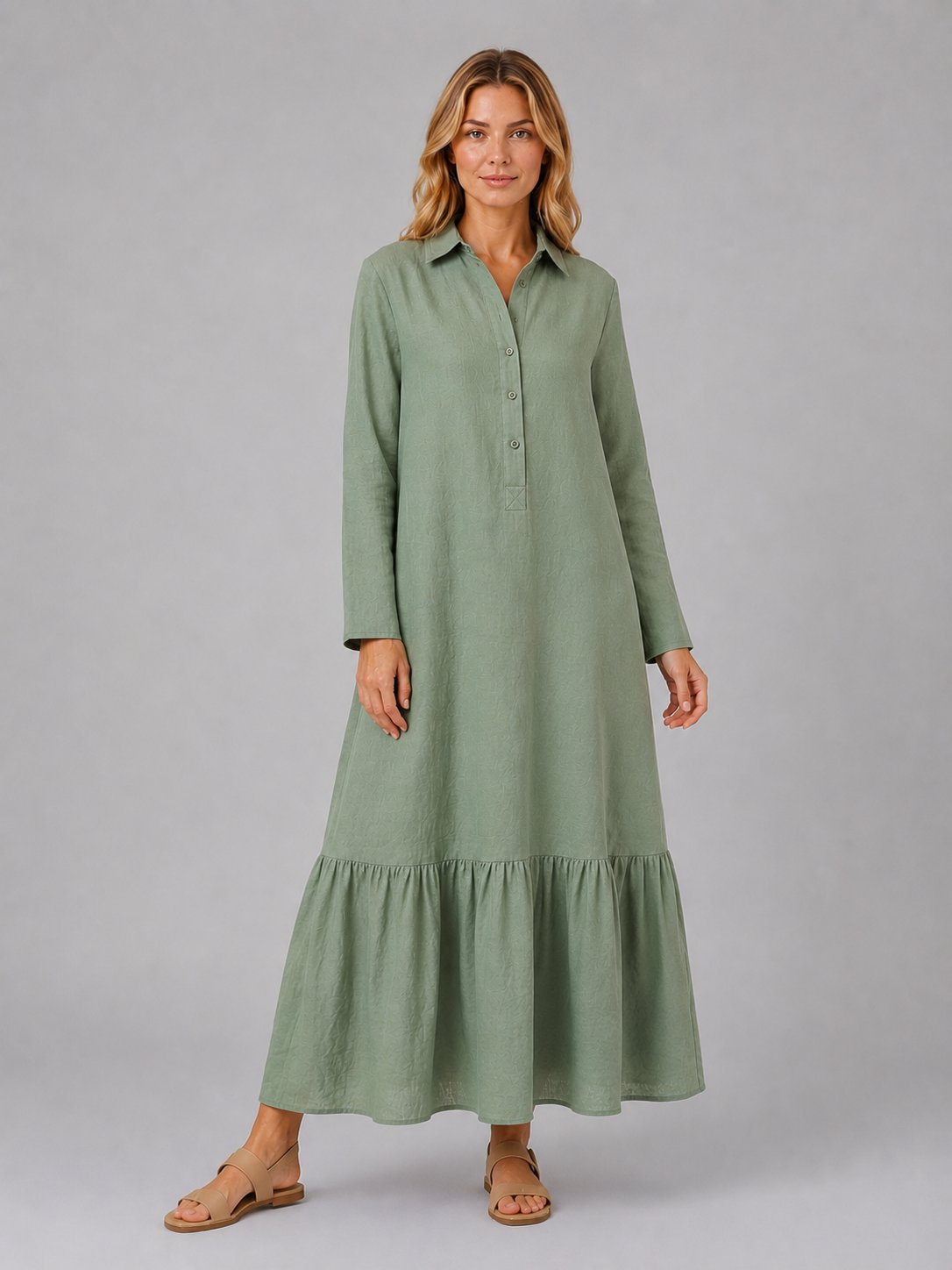 Women's Long Sleeve Maxi Shirt Dress - Green